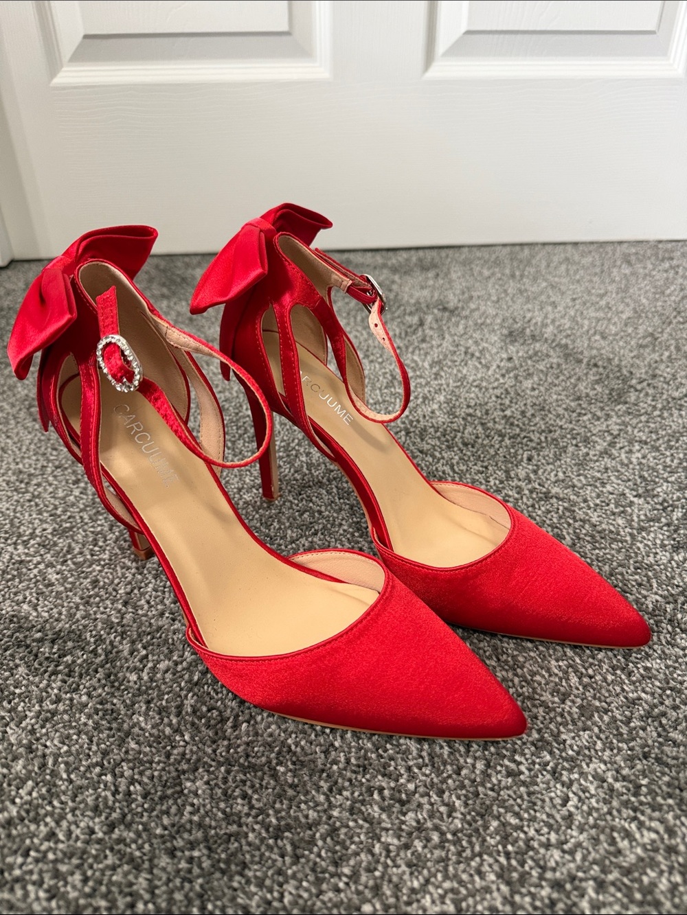 Red Satin Bow Ankle Strap Pumps - (Women)